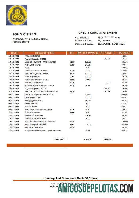 modelo de extrato bancário de habitação e comércio da Eritreia em branco, formato Word e PDF